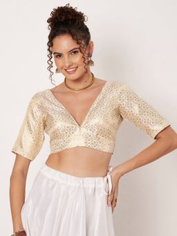 Studio Rasa - White Silk Brocade V-Neck Padded Stitched Blouse