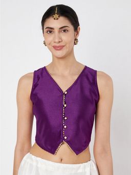 Studio Rasa - Purple Chroma Button Down Embellished Waistcoat Stitched Blouse