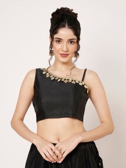 Studio Rasa - Black Silk Blend One Shoulder Embellished Stitched Blouse