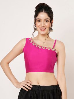 Studio Rasa - Pink Silk Blend One Shoulder Embellished Stitched Blouse