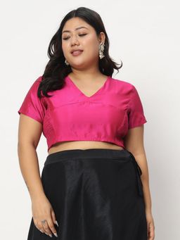 Studio Rasa - Pink Plus Size Silk Blend Side Stretchable Stitched Blouse