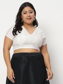 Studio Rasa - White Plus Size Silk Blend Side Stretchable Stitched Blouse