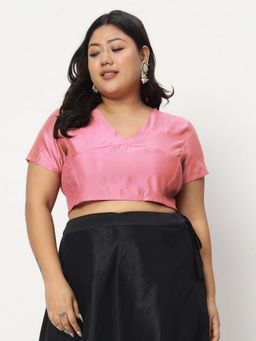Studio Rasa - Pink Plus Size Silk Blend Side Stretchable Stitched Blouse
