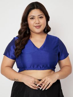 Studio Rasa - Blue Plus Size Silk Blend Side Stretchable Stitched Blouse