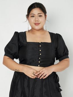 Studio Rasa - Black Plus Size Silk Blend Button Down Stitched Blouse