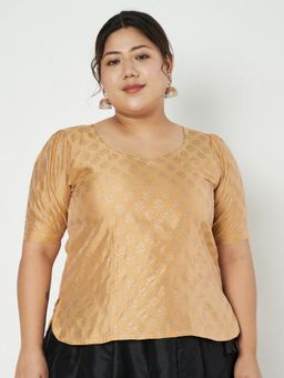 Studio Rasa - Gold Plus Size Silk Blend Hand Block Printed Stitched Blouse