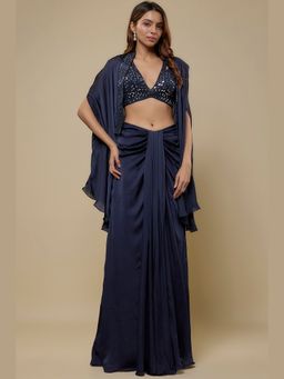 Asaga - Women Navy Blue Maven Drape Skirt with Blouse and Cape