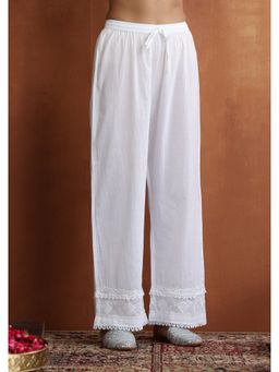 House of Chikankari - White Cotton Chikankari Solid Women Palazzo with Lace