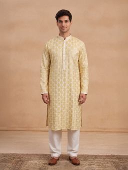 House of Chikankari - Hoc Men Yellow Cotton Embroidered Kurta