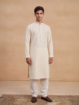 House of Chikankari - Hoc Men Cream Cotton Embroidered Kurta