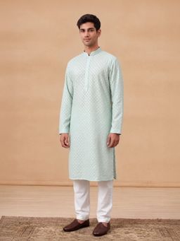 House of Chikankari - Hoc Men Sky Blue Cotton Embroidered Kurta