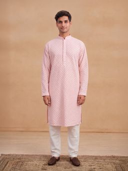 House of Chikankari - Hoc Men Light Pink Cotton Embroidered Kurta