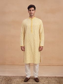House of Chikankari - Hoc Men Yellow Cotton Embroidered Kurta