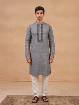 House of Chikankari - Hoc Men Grey Handloom Cotton Chikankari Kurta