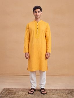 House of Chikankari - Hoc Men Mustard Handloom Cotton Chikankari Kurta