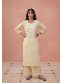 House of Chikankari - HOC Cotton Chikankari Light Yellow Straight Kurta and Pant Set