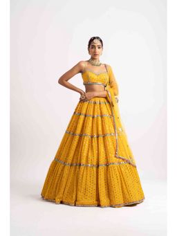 Vvani by Vani Vats - Yellow Noodle Strap Multi Tier Lehenga with Blouse and Dupatta