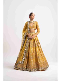 Vvani by Vani Vats - Yellow V Neck Heavy Lehenga With Blouse And Dupatta