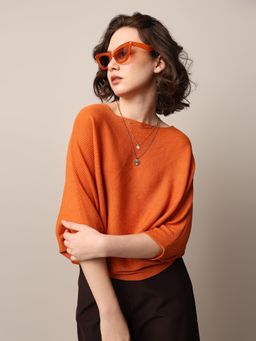 ONLY - Women Solid Polyester Blend Orange Pullover Sweater