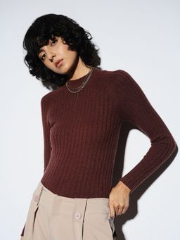 ONLY - Women Solid Viscose Blend Brown Pullover Sweater