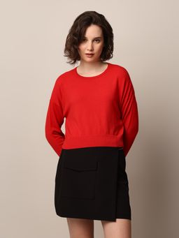 ONLY - Women Solid Viscose Blend Red Pullover Sweater