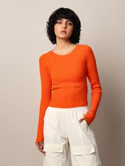 ONLY - Women Solid Viscose Blend Orange Pullover Sweater
