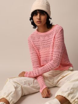ONLY - Women Self Design Acrylic Pink Crochet Pullover Sweater