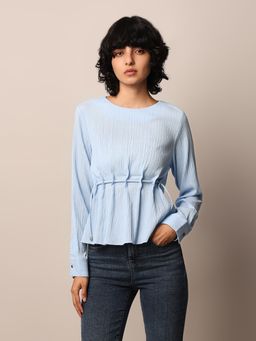 ONLY - Women Textured Polyester Blue Peplum Top