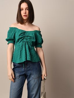 ONLY - Women Self Design Regular Fit Casual Green Peplum Top