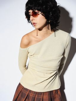 ONLY - Women Solid Rayon Blend Cream One Shoulder Top