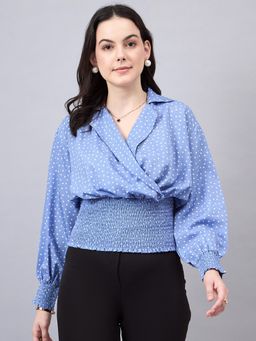 Style Quotient - Women Blue White Polka Dots Print Bishop Sleeves Smocked Crepe Wrap Top