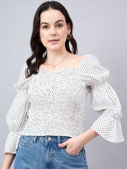 Style Quotient - White Polka Dot Print Crepe Top