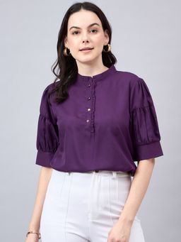 Style Quotient - Women Purple Mandarin Collar Puff Sleeves Crepe Regular Top