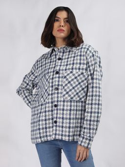 CHKOKKO - Women White and Blue Checks Shacket