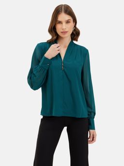 Kazo - Teal Green Elizabeth Pearl Button Top