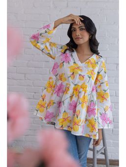 Polago Clothing - White Floral Print Angarakha Style Cotton Top