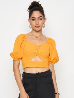 Style Quotient - Women Yellow Solid Cut-Out Detail Smocked Bardot Crop Top