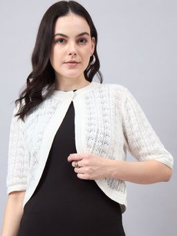Style Quotient - Women Self Design White Flat Knit Smart Casual Shrug