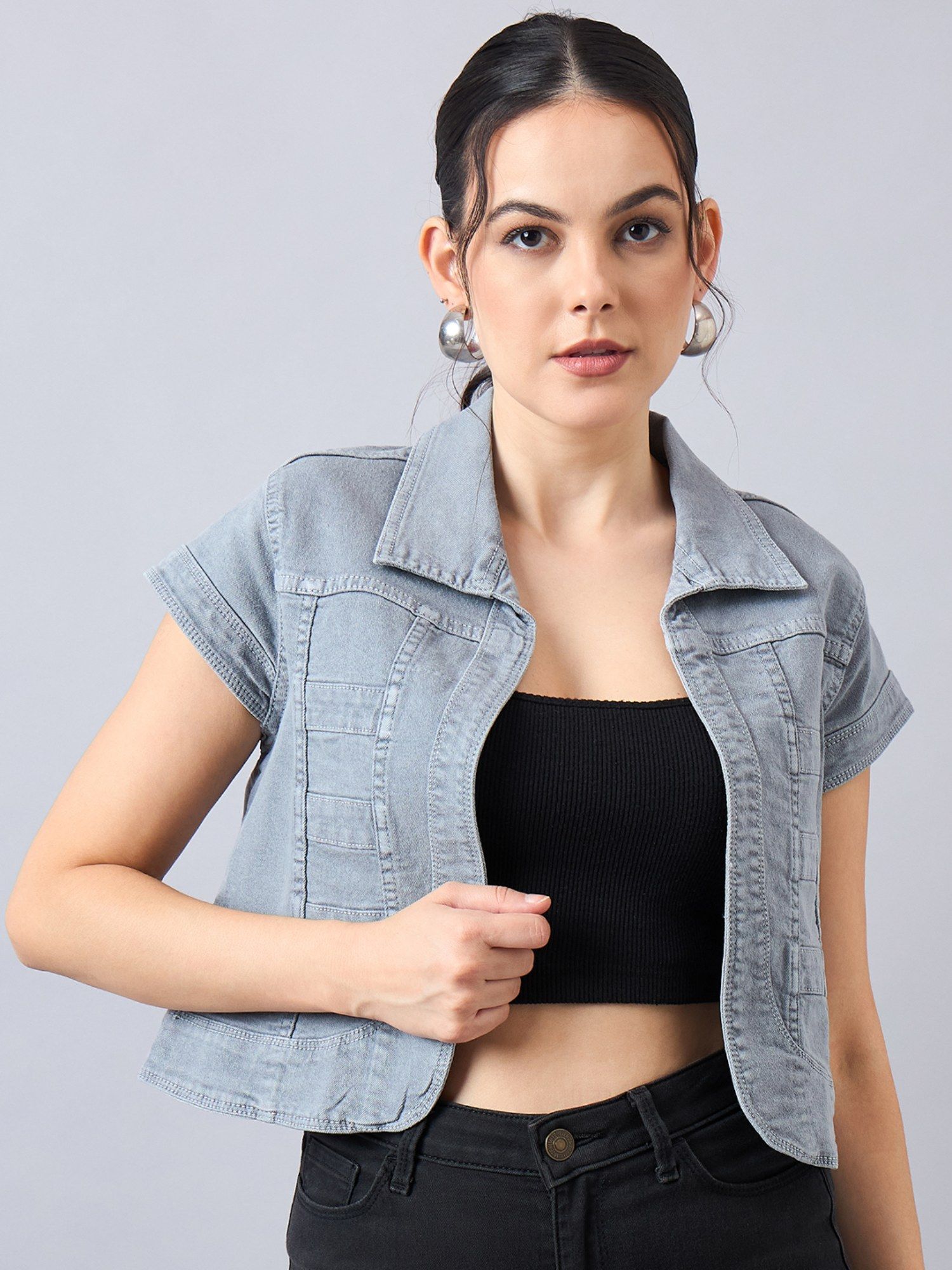 style quotient Women Grey Open Front Denim Jacket-picture-21