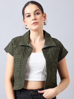 Style Quotient - Women Olive Open Front Denim Jacket