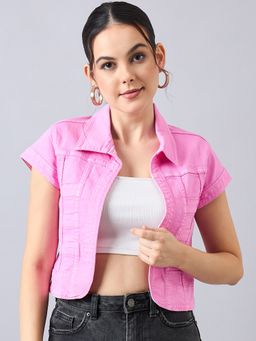 Style Quotient - Women Pink Open Front Denim Jacket