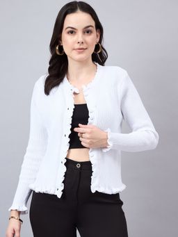 Style Quotient - Women Self Design White Flat Knit Smart Casual Shrug