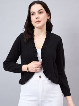 Style Quotient - Women Solid Black Flat Knit Smart Casual Ruffled Shrug