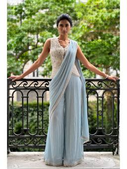 ANEESH AGARWAAL - Blue Pre-Draped Pearlwork Sharara Saree with Jacket