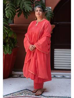 The Indian Ethnic Co. - Scarlet Orange Solid Kota Doria Cotton Dupatta