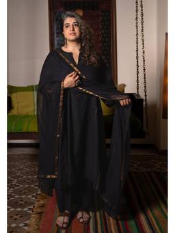 The Indian Ethnic Co. - Black Charcoal Solid Kota Doria Cotton Dupatta