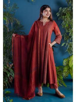 The Indian Ethnic Co. - Red Butti Ajrakh Kota Doria Cotton Dupatta