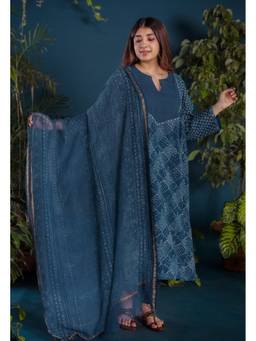 The Indian Ethnic Co. - Blue Stripes Ajrakh Kota Doria Cotton Dupatta
