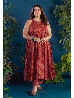 The Indian Ethnic Co. - Avenza Red Ajrakh Cotton A Line Kurta