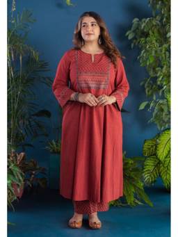 The Indian Ethnic Co. - Fariha Red Ajrakh Cotton Kali Kurta